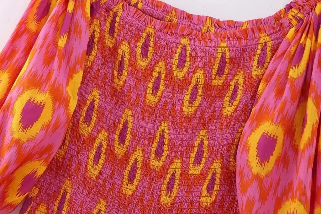 Women Summer Print Ruffle Pleated Long Dress Fashion Off Shoulder Puff Sleeve Midi Dresses Casual - American Thistle Women Summer Print Ruffle Pleated Long Dress Fashion Off Shoulder Puff Sleeve Midi Dresses Casual