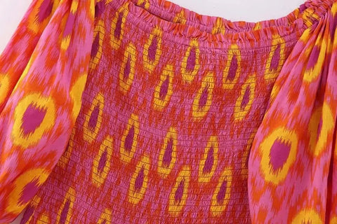 Women Summer Print Ruffle Pleated Long Dress Fashion Off Shoulder Puff Sleeve Midi Dresses Casual - American Thistle Women Summer Print Ruffle Pleated Long Dress Fashion Off Shoulder Puff Sleeve Midi Dresses Casual