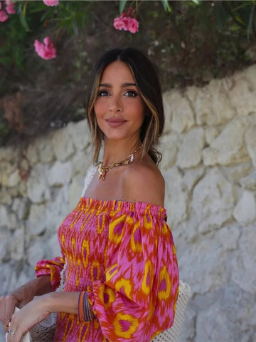 Women Summer Print Ruffle Pleated Long Dress Fashion Off Shoulder Puff Sleeve Midi Dresses Casual - American Thistle Women Summer Print Ruffle Pleated Long Dress Fashion Off Shoulder Puff Sleeve Midi Dresses Casual