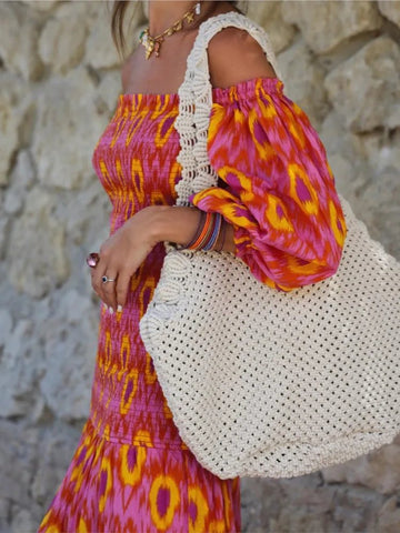 Women Summer Print Ruffle Pleated Long Dress Fashion Off Shoulder Puff Sleeve Midi Dresses Casual - American Thistle Women Summer Print Ruffle Pleated Long Dress Fashion Off Shoulder Puff Sleeve Midi Dresses Casual