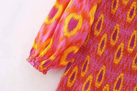 Women Summer Print Ruffle Pleated Long Dress Fashion Off Shoulder Puff Sleeve Midi Dresses Casual - American Thistle Women Summer Print Ruffle Pleated Long Dress Fashion Off Shoulder Puff Sleeve Midi Dresses Casual