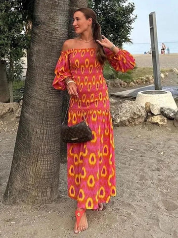 Women Summer Print Ruffle Pleated Long Dress Fashion Off Shoulder Puff Sleeve Midi Dresses Casual - American Thistle Women Summer Print Ruffle Pleated Long Dress Fashion Off Shoulder Puff Sleeve Midi Dresses Casual