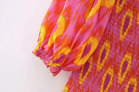 Women Summer Print Ruffle Pleated Long Dress Fashion Off Shoulder Puff Sleeve Midi Dresses Casual - American Thistle Women Summer Print Ruffle Pleated Long Dress Fashion Off Shoulder Puff Sleeve Midi Dresses Casual