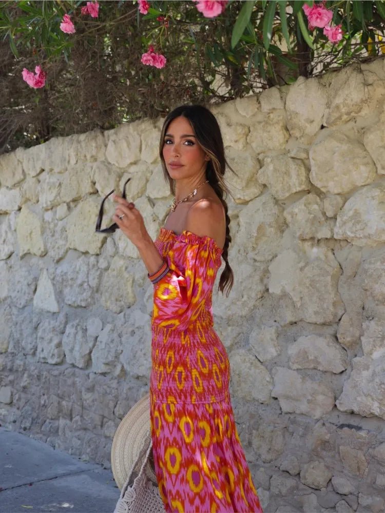 Women Summer Print Ruffle Pleated Long Dress Fashion Off Shoulder Puff Sleeve Midi Dresses Casual - American Thistle Women Summer Print Ruffle Pleated Long Dress Fashion Off Shoulder Puff Sleeve Midi Dresses Casual