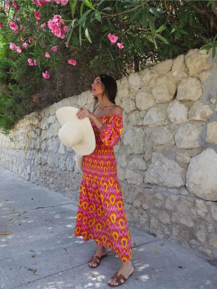 Women Summer Print Ruffle Pleated Long Dress Fashion Off Shoulder Puff Sleeve Midi Dresses Casual - American Thistle Women Summer Print Ruffle Pleated Long Dress Fashion Off Shoulder Puff Sleeve Midi Dresses Casual