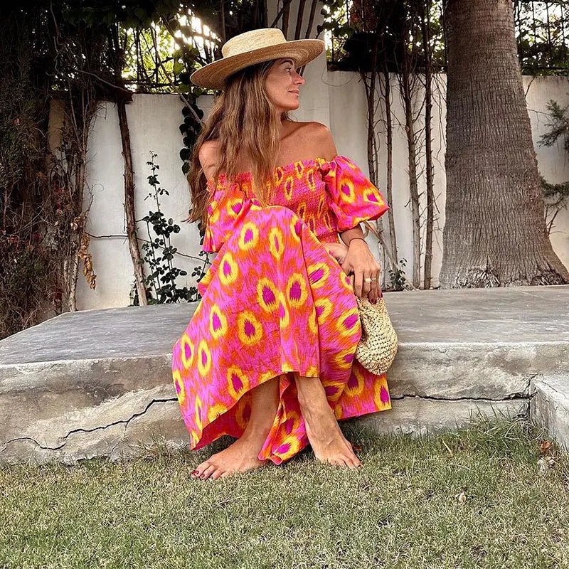 Women Summer Print Ruffle Pleated Long Dress Fashion Off Shoulder Puff Sleeve Midi Dresses Casual - American Thistle Women Summer Print Ruffle Pleated Long Dress Fashion Off Shoulder Puff Sleeve Midi Dresses Casual