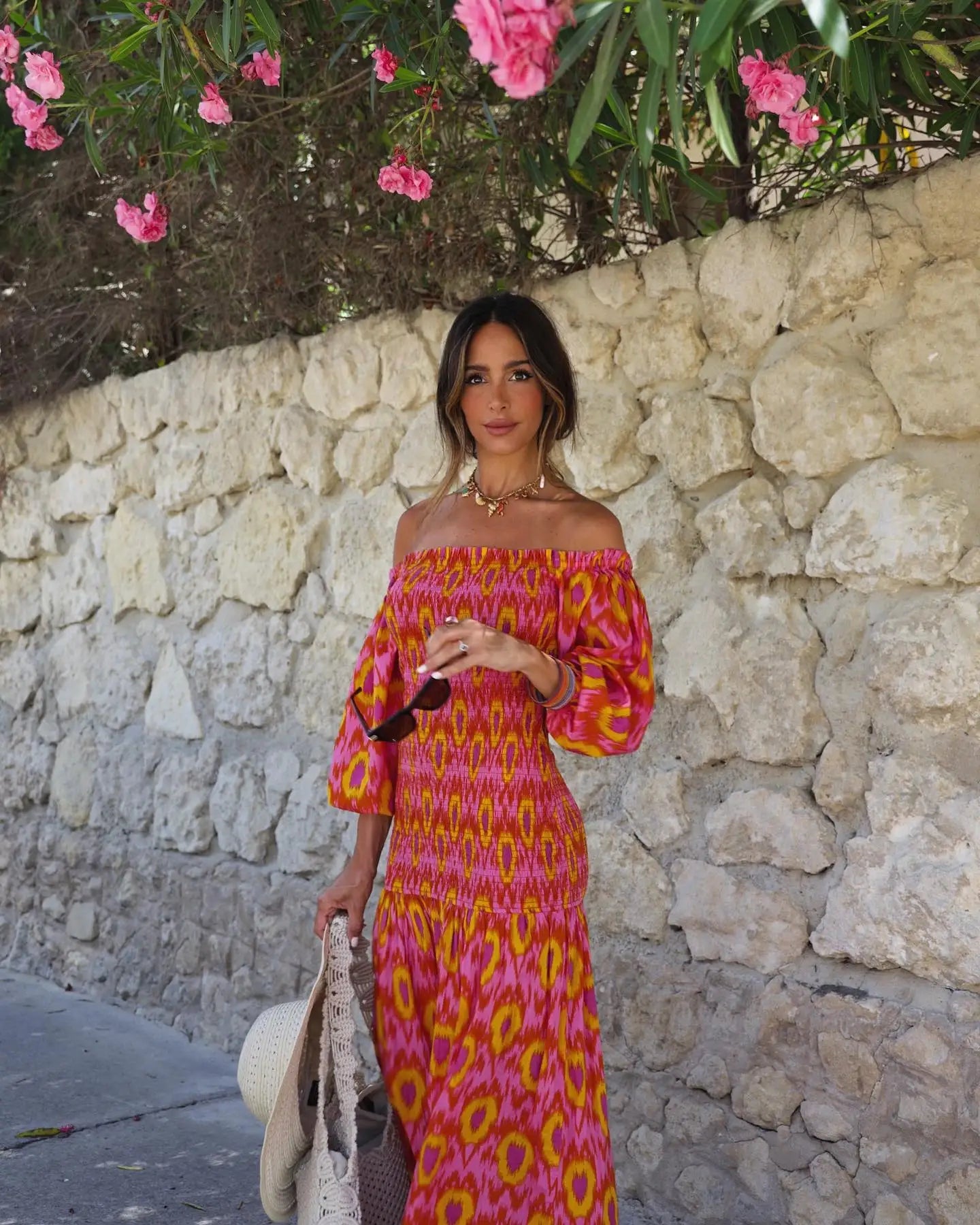 Women Summer Print Ruffle Pleated Long Dress Fashion Off Shoulder Puff Sleeve Midi Dresses Casual - American Thistle Women Summer Print Ruffle Pleated Long Dress Fashion Off Shoulder Puff Sleeve Midi Dresses Casual