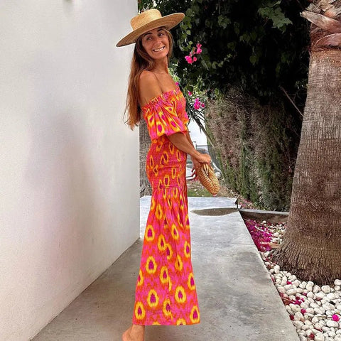 Women Summer Print Ruffle Pleated Long Dress Fashion Off Shoulder Puff Sleeve Midi Dresses Casual - American Thistle Women Summer Print Ruffle Pleated Long Dress Fashion Off Shoulder Puff Sleeve Midi Dresses Casual