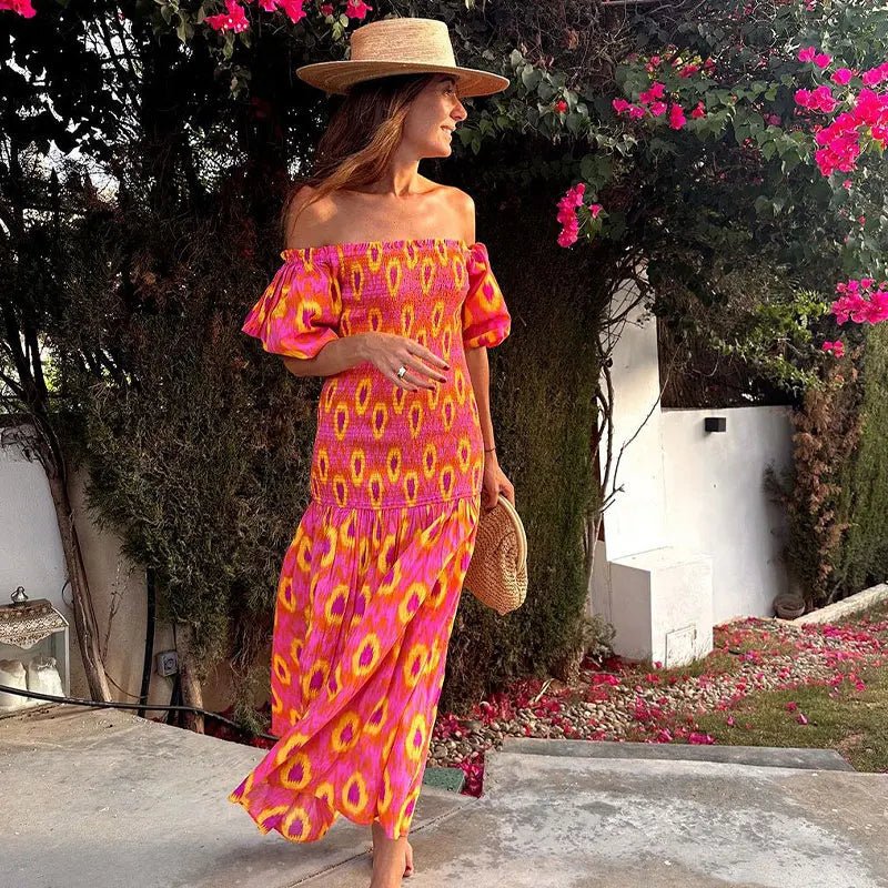 Women Summer Print Ruffle Pleated Long Dress Fashion Off Shoulder Puff Sleeve Midi Dresses Casual - American Thistle Women Summer Print Ruffle Pleated Long Dress Fashion Off Shoulder Puff Sleeve Midi Dresses Casual