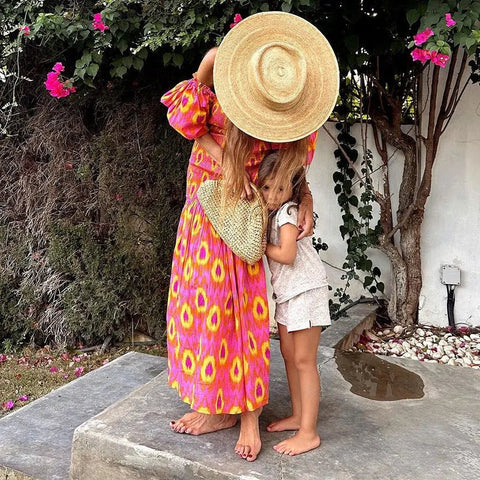 Women Summer Print Ruffle Pleated Long Dress Fashion Off Shoulder Puff Sleeve Midi Dresses Casual - American Thistle Women Summer Print Ruffle Pleated Long Dress Fashion Off Shoulder Puff Sleeve Midi Dresses Casual