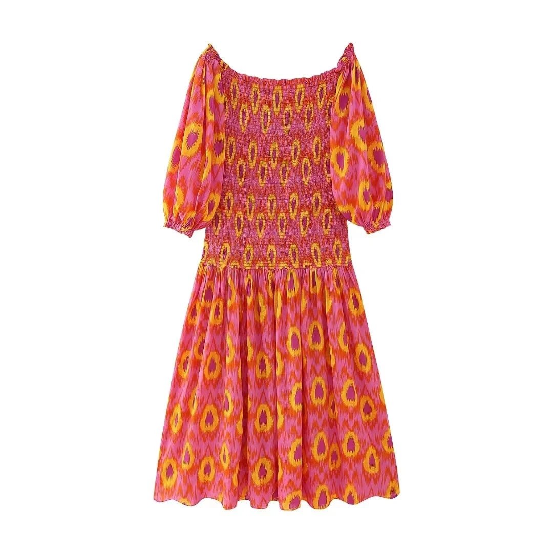 Women Summer Print Ruffle Pleated Long Dress Fashion Off Shoulder Puff Sleeve Midi Dresses Casual - American Thistle Women Summer Print Ruffle Pleated Long Dress Fashion Off Shoulder Puff Sleeve Midi Dresses Casual