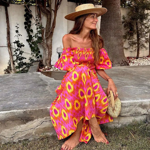 Women Summer Print Ruffle Pleated Long Dress Fashion Off Shoulder Puff Sleeve Midi Dresses Casual - American Thistle Women Summer Print Ruffle Pleated Long Dress Fashion Off Shoulder Puff Sleeve Midi Dresses Casual