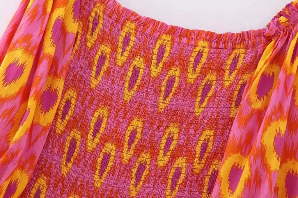 Women Summer Print Ruffle Pleated Long Dress Fashion Off Shoulder Puff Sleeve Midi Dresses Casual - American Thistle Women Summer Print Ruffle Pleated Long Dress Fashion Off Shoulder Puff Sleeve Midi Dresses Casual