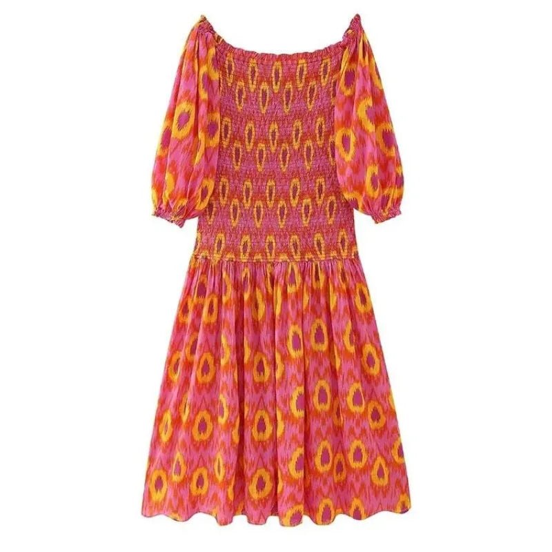 Women Summer Print Ruffle Pleated Long Dress Fashion Off Shoulder Puff Sleeve Midi Dresses Casual - American Thistle Women Summer Print Ruffle Pleated Long Dress Fashion Off Shoulder Puff Sleeve Midi Dresses Casual