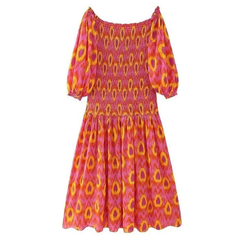 Women Summer Print Ruffle Pleated Long Dress Fashion Off Shoulder Puff Sleeve Midi Dresses Casual - American Thistle Women Summer Print Ruffle Pleated Long Dress Fashion Off Shoulder Puff Sleeve Midi Dresses Casual