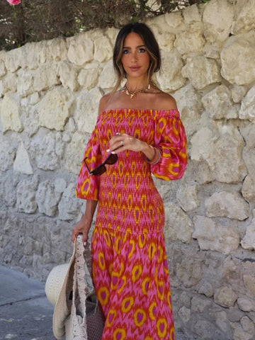Women Summer Print Ruffle Pleated Long Dress Fashion Off Shoulder Puff Sleeve Midi Dresses Casual - American Thistle Women Summer Print Ruffle Pleated Long Dress Fashion Off Shoulder Puff Sleeve Midi Dresses Casual
