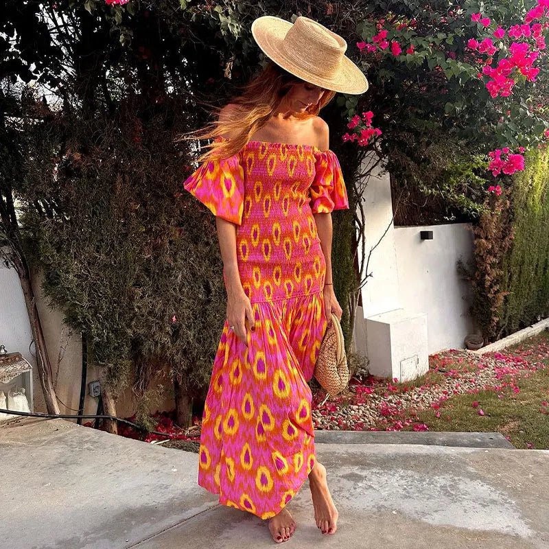 Women Summer Print Ruffle Pleated Long Dress Fashion Off Shoulder Puff Sleeve Midi Dresses Casual - American Thistle Women Summer Print Ruffle Pleated Long Dress Fashion Off Shoulder Puff Sleeve Midi Dresses Casual