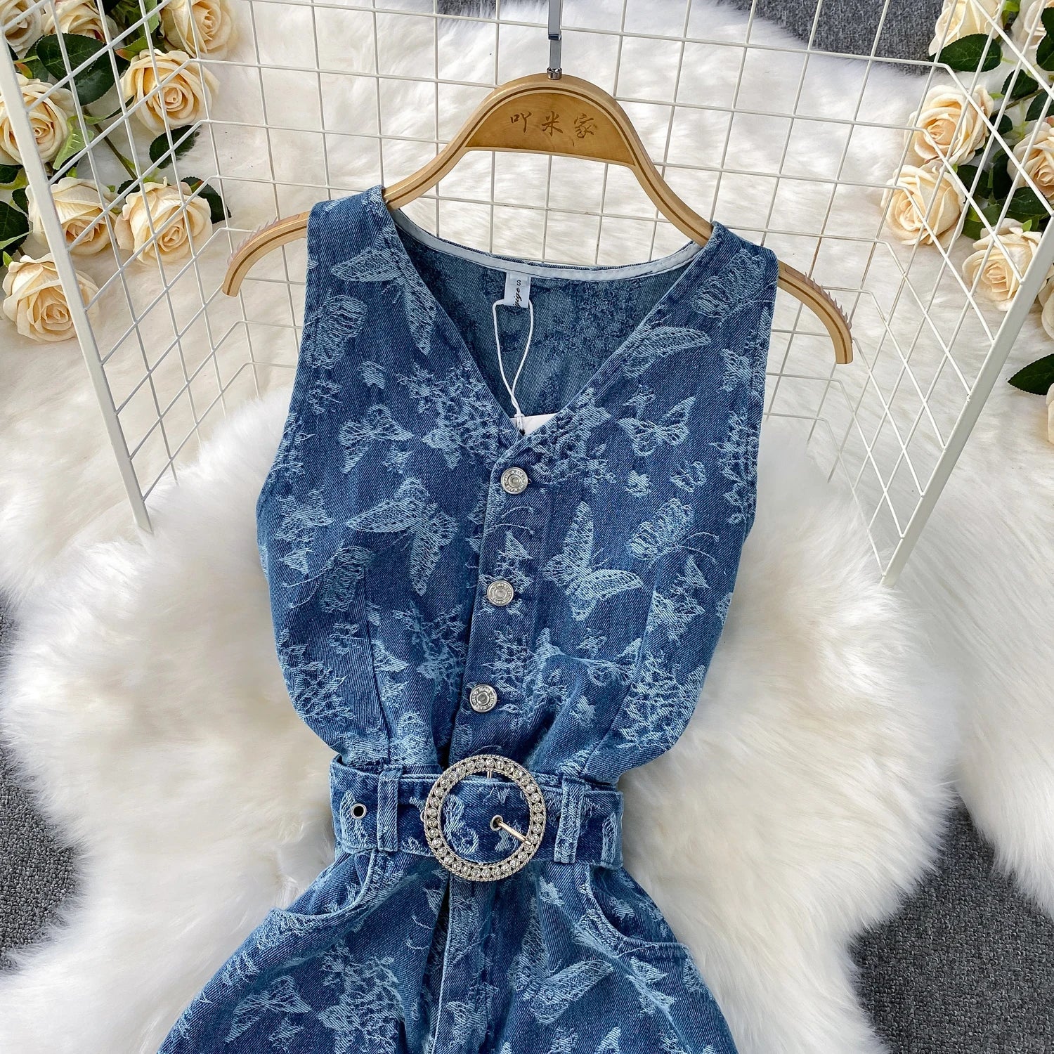 Women Summer Printed Butterfly Denim Jumpsuits - American Thistle Women Summer Printed Butterfly Denim Jumpsuits