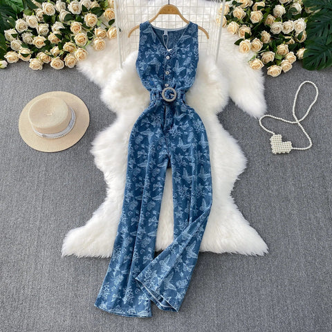 Women Summer Printed Butterfly Denim Jumpsuits - American Thistle Women Summer Printed Butterfly Denim Jumpsuits