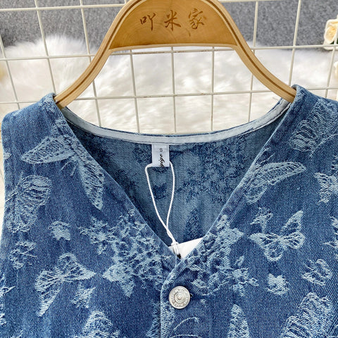 Women Summer Printed Butterfly Denim Jumpsuits - American Thistle Women Summer Printed Butterfly Denim Jumpsuits