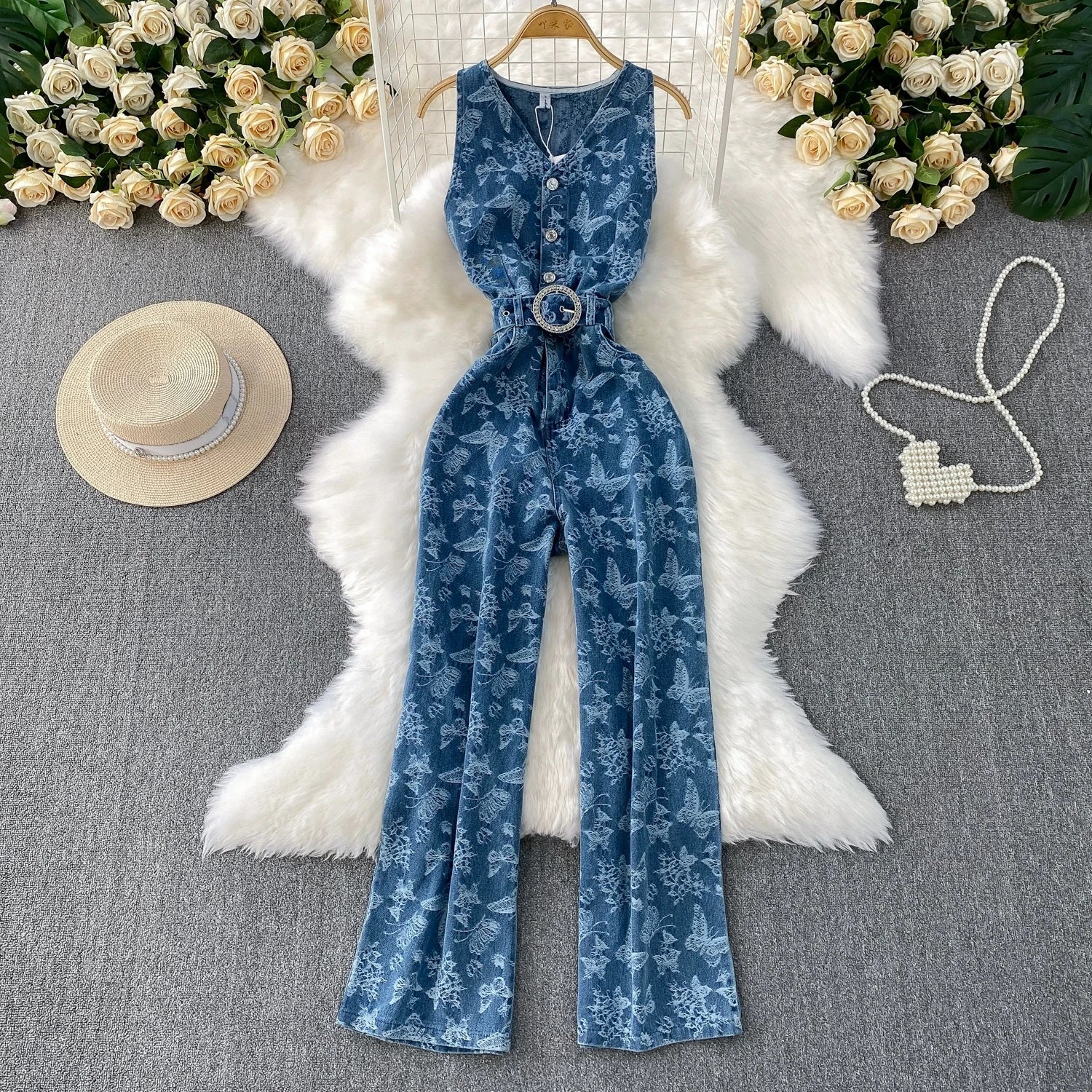 Women Summer Printed Butterfly Denim Jumpsuits - American Thistle Women Summer Printed Butterfly Denim Jumpsuits