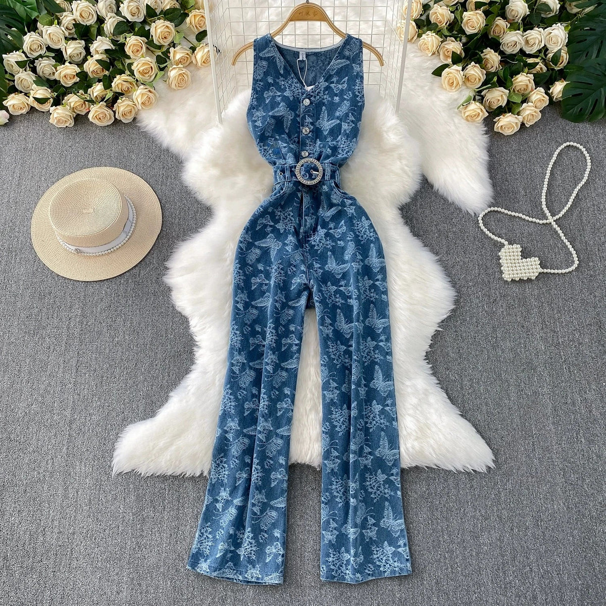 Women Summer Printed Butterfly Denim Jumpsuits - American Thistle Women Summer Printed Butterfly Denim Jumpsuits