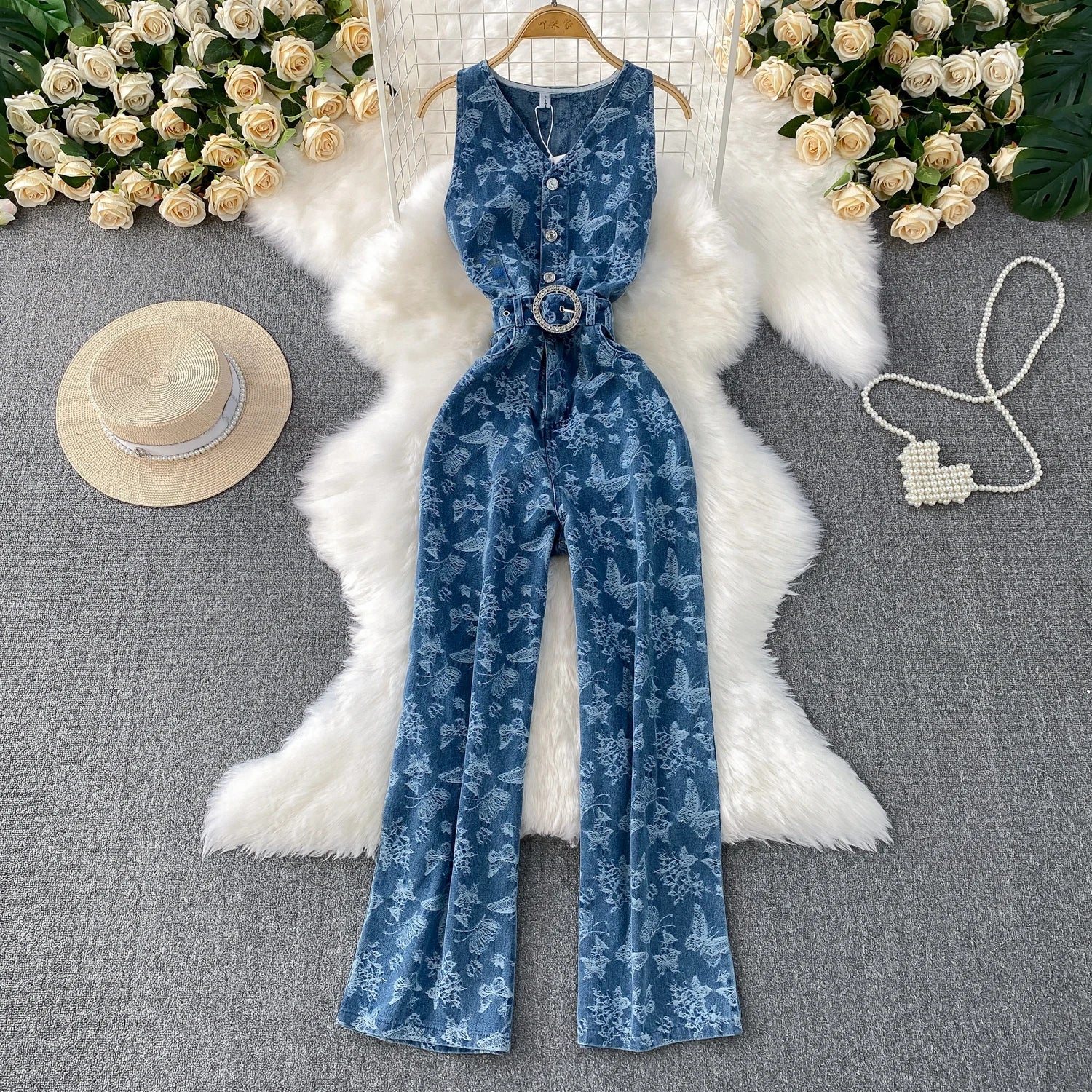 Women Summer Printed Butterfly Denim Jumpsuits - American Thistle Women Summer Printed Butterfly Denim Jumpsuits