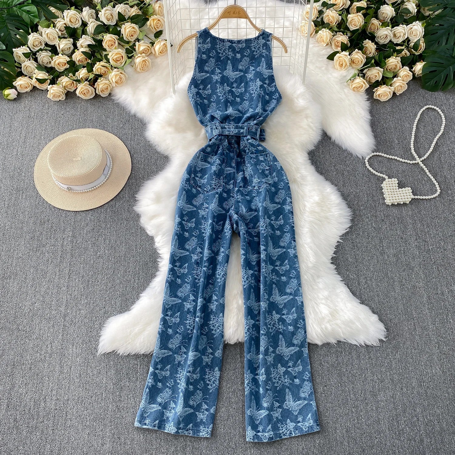 Women Summer Printed Butterfly Denim Jumpsuits - American Thistle Women Summer Printed Butterfly Denim Jumpsuits