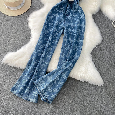 Women Summer Printed Butterfly Denim Jumpsuits - American Thistle Women Summer Printed Butterfly Denim Jumpsuits