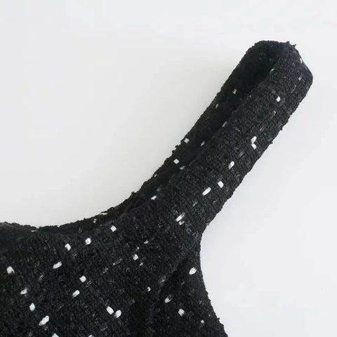 Women Tweed Black Plaid Hollow Out Dress Female Pearl Decoration Slim Square Collar Mini Dresses - American Thistle Women Tweed Black Plaid Hollow Out Dress Female Pearl Decoration Slim Square Collar Mini Dresses