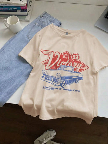 Women Victory Vintage Car Cotton T-shirts - American Thistle Women Victory Vintage Car Cotton T-shirts