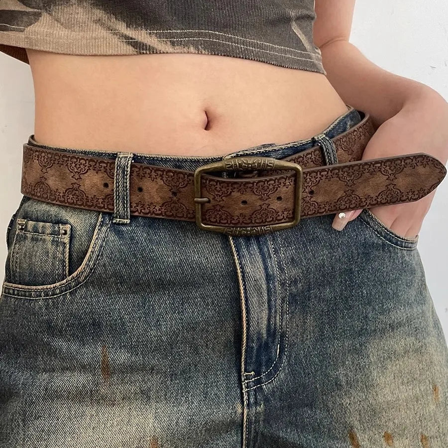 Women Western Belt Vintage Metal Buckle Leather Belts Country Cowboy Cowgirl Belt - American ThistleWomen Western Belt Vintage Metal Buckle Leather Belts Country Cowboy Cowgirl Belt