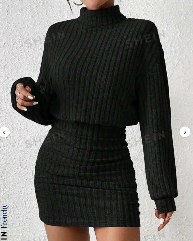 Women's Autumn Winter Fashion High Neck Knitted Sweater Dress Female Casual Solid Loose Long Sleeve Warm Mid Length Dresses - American Thistle Women's Autumn Winter Fashion High Neck Knitted Sweater Dress Female Casual Solid Loose Long Sleeve Warm Mid Length Dresses