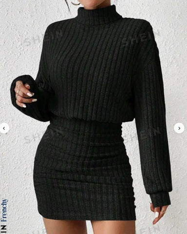 Women's Autumn Winter Fashion High Neck Knitted Sweater Dress Female Casual Solid Loose Long Sleeve Warm Mid Length Dresses - American Thistle Women's Autumn Winter Fashion High Neck Knitted Sweater Dress Female Casual Solid Loose Long Sleeve Warm Mid Length Dresses