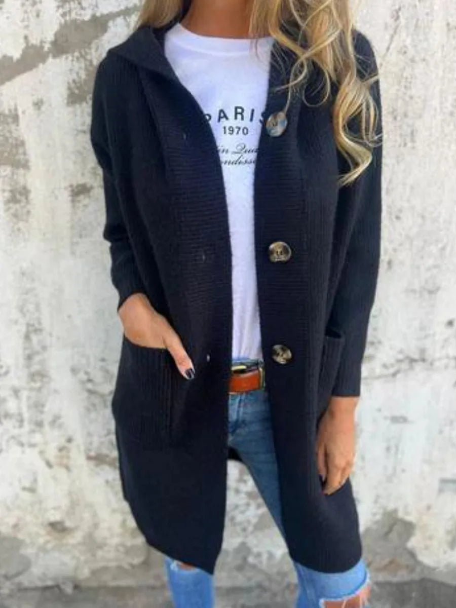 Women's Autumn Winter Sweater Cardigan Fashionable Long Buttoned Hooded Knitted Coat With Pockets - American ThistleWomen's Autumn Winter Sweater Cardigan Fashionable Long Buttoned Hooded Knitted Coat With Pockets