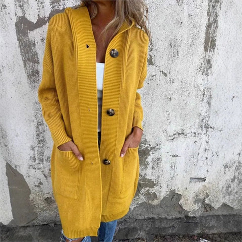 Women's Autumn Winter Sweater Cardigan Fashionable Long Buttoned Hooded Knitted Coat With Pockets - American ThistleWomen's Autumn Winter Sweater Cardigan Fashionable Long Buttoned Hooded Knitted Coat With Pockets