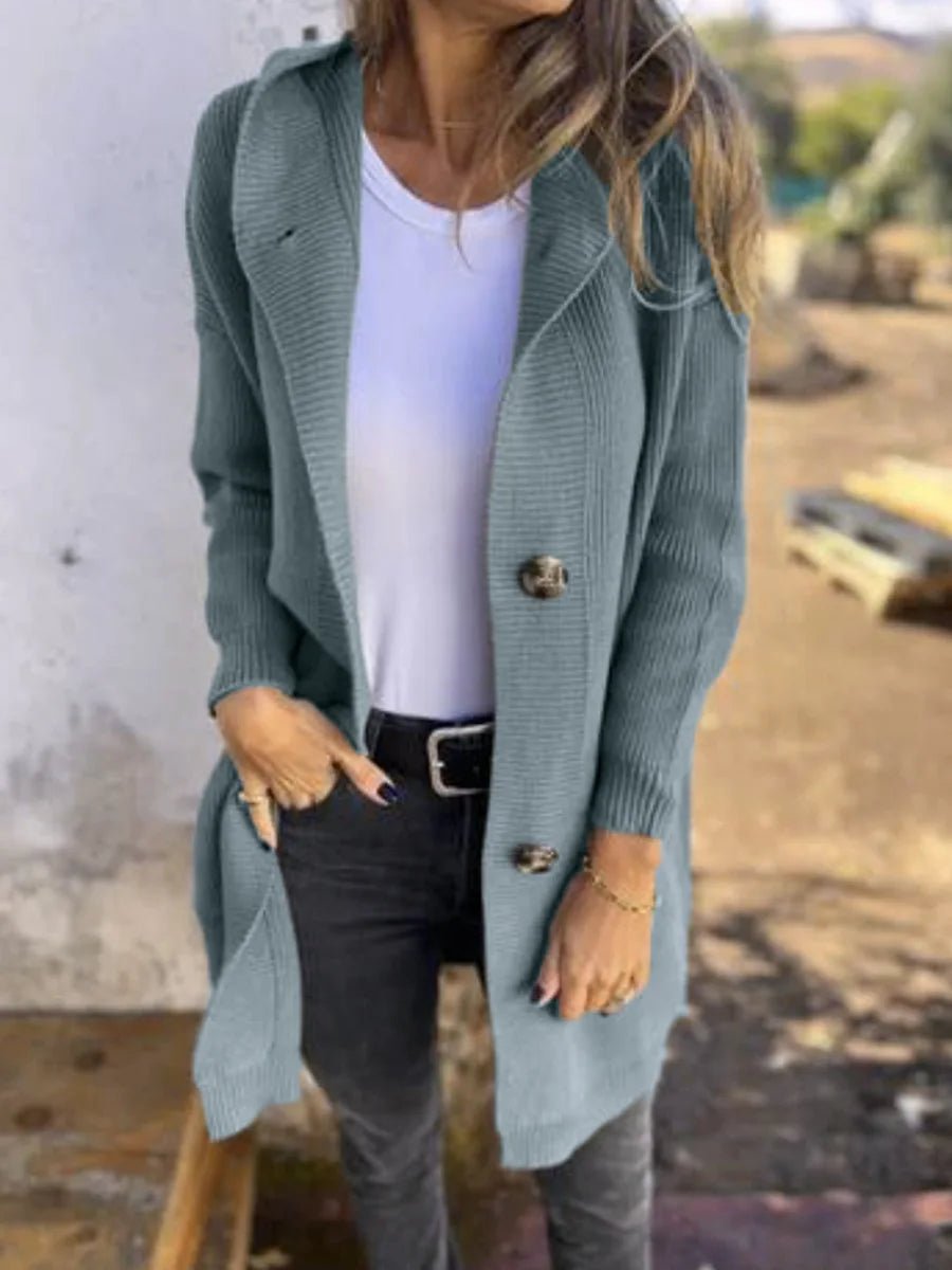 Women's Autumn Winter Sweater Cardigan Fashionable Long Buttoned Hooded Knitted Coat With Pockets - American ThistleWomen's Autumn Winter Sweater Cardigan Fashionable Long Buttoned Hooded Knitted Coat With Pockets