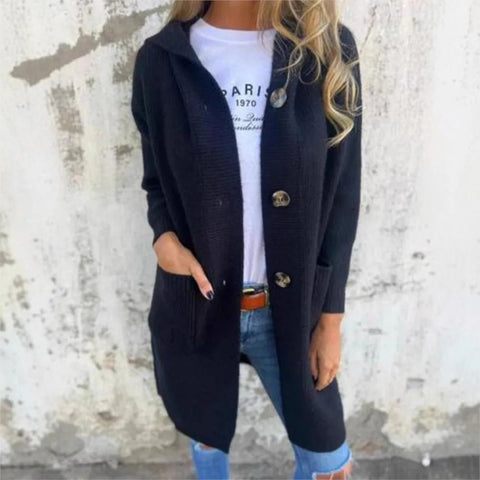 Women's Autumn Winter Sweater Cardigan Fashionable Long Buttoned Hooded Knitted Coat With Pockets - American ThistleWomen's Autumn Winter Sweater Cardigan Fashionable Long Buttoned Hooded Knitted Coat With Pockets