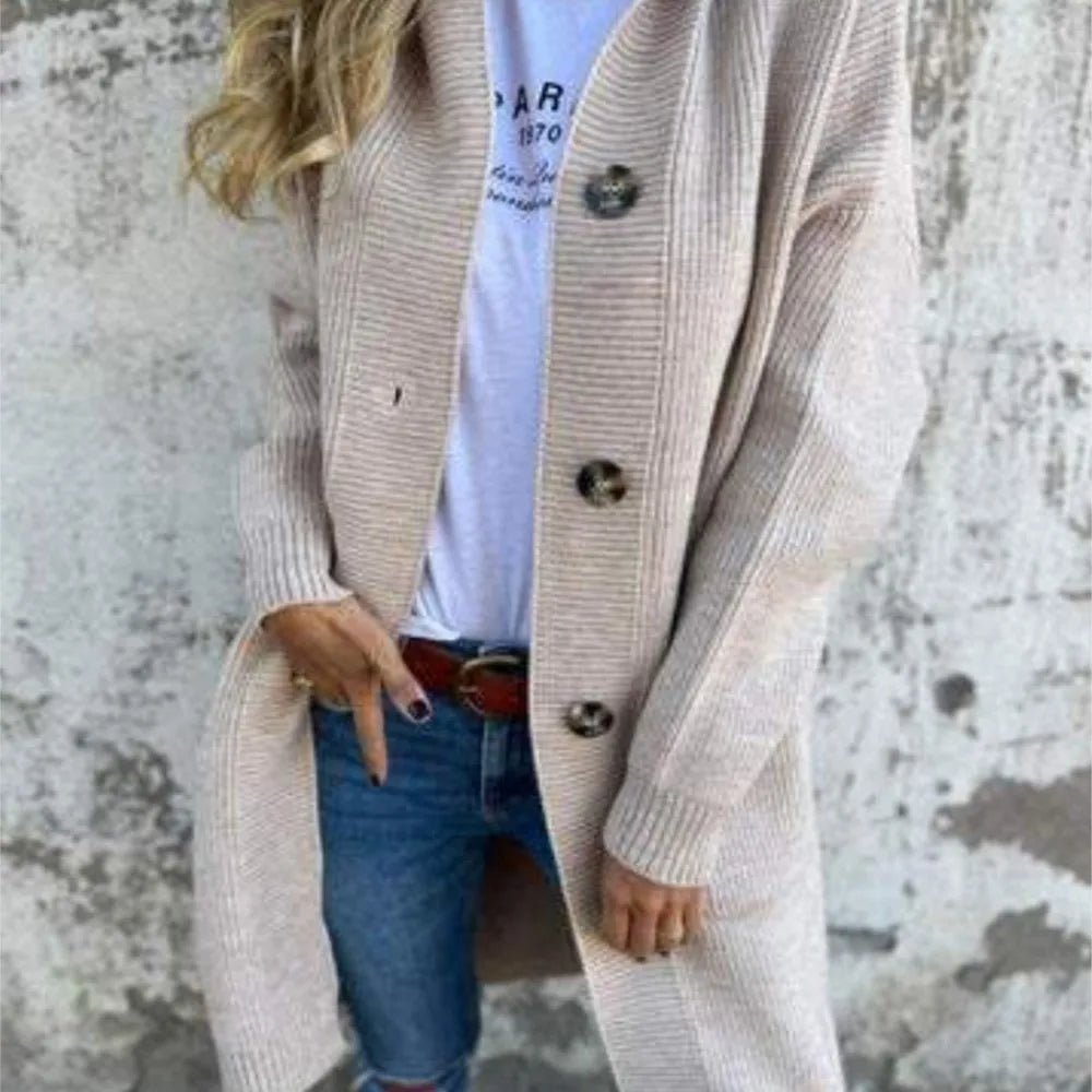 Women's Autumn Winter Sweater Cardigan Fashionable Long Buttoned Hooded Knitted Coat With Pockets - American ThistleWomen's Autumn Winter Sweater Cardigan Fashionable Long Buttoned Hooded Knitted Coat With Pockets