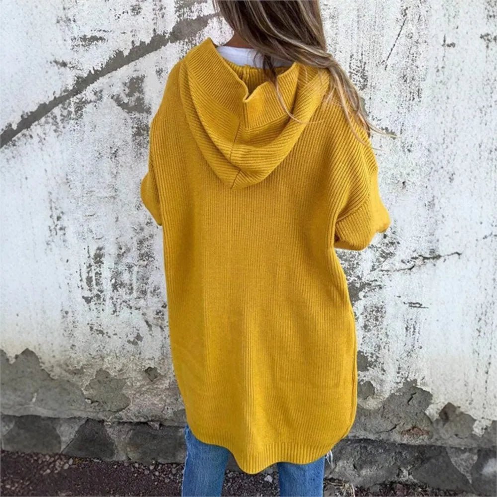 Women's Autumn Winter Sweater Cardigan Fashionable Long Buttoned Hooded Knitted Coat With Pockets - American ThistleWomen's Autumn Winter Sweater Cardigan Fashionable Long Buttoned Hooded Knitted Coat With Pockets