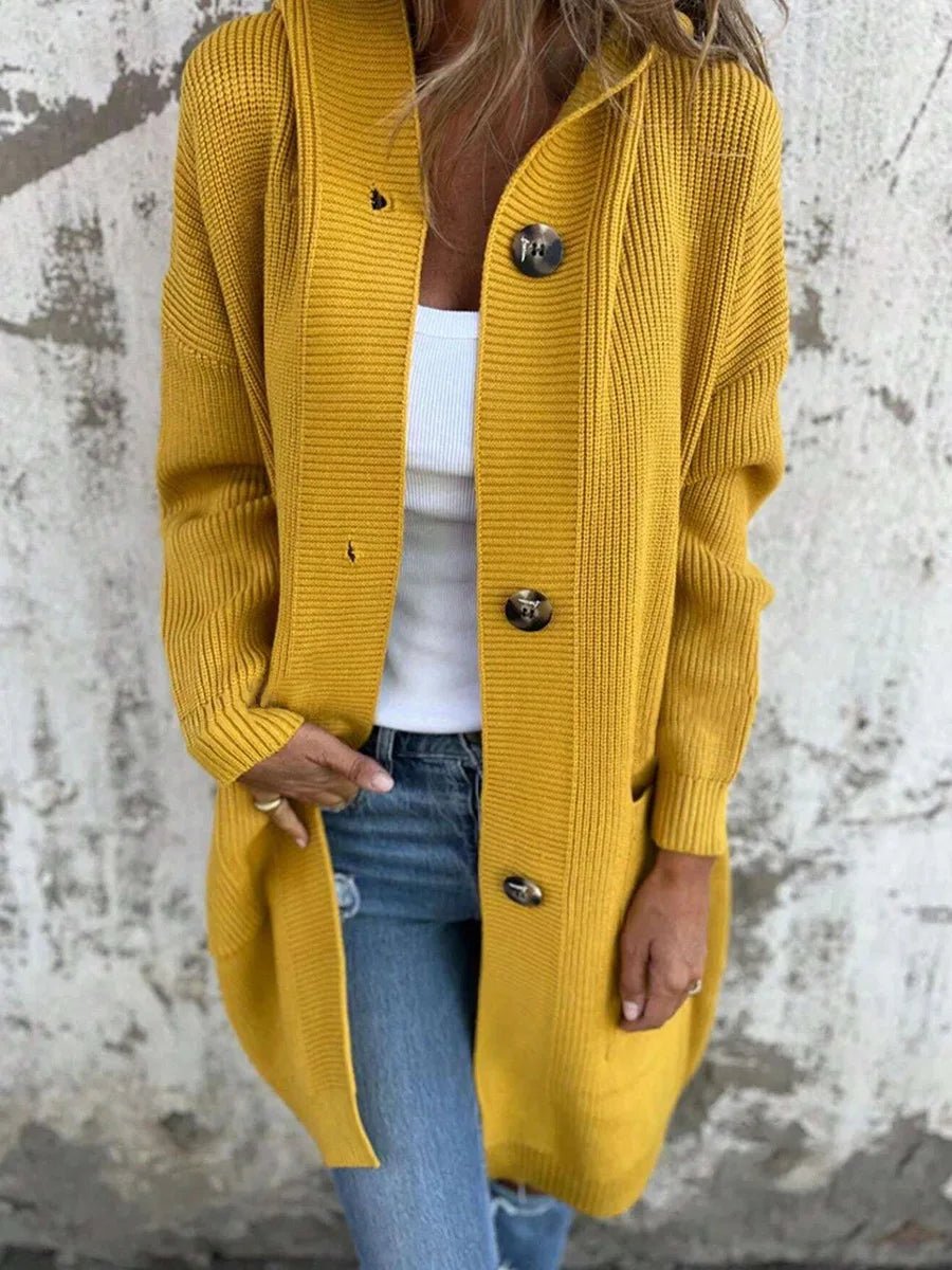 Women's Autumn Winter Sweater Cardigan Fashionable Long Buttoned Hooded Knitted Coat With Pockets - American ThistleWomen's Autumn Winter Sweater Cardigan Fashionable Long Buttoned Hooded Knitted Coat With Pockets