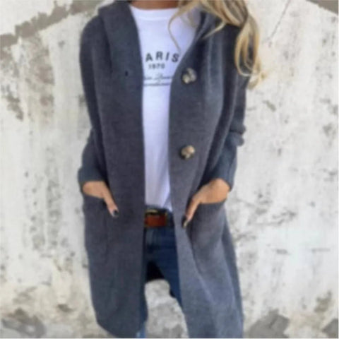 Women's Autumn Winter Sweater Cardigan Fashionable Long Buttoned Hooded Knitted Coat With Pockets - American ThistleWomen's Autumn Winter Sweater Cardigan Fashionable Long Buttoned Hooded Knitted Coat With Pockets