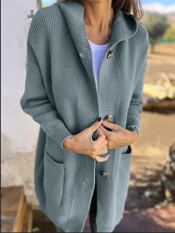 Women's Autumn Winter Sweater Cardigan Fashionable Long Buttoned Hooded Knitted Coat With Pockets - American ThistleWomen's Autumn Winter Sweater Cardigan Fashionable Long Buttoned Hooded Knitted Coat With Pockets
