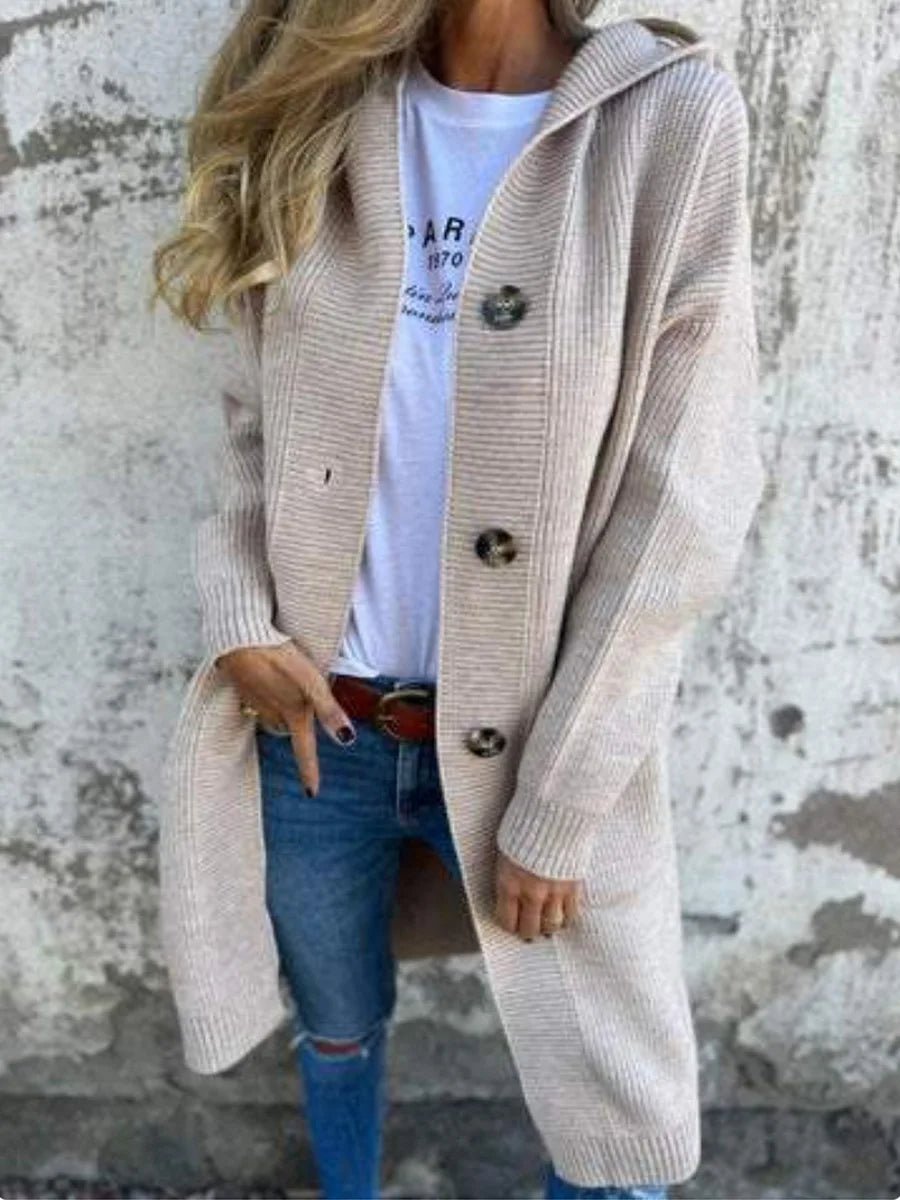 Women's Autumn Winter Sweater Cardigan Fashionable Long Buttoned Hooded Knitted Coat With Pockets - American ThistleWomen's Autumn Winter Sweater Cardigan Fashionable Long Buttoned Hooded Knitted Coat With Pockets