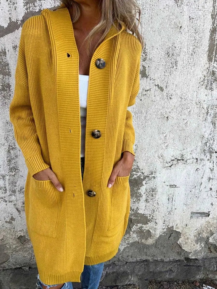Women's Autumn Winter Sweater Cardigan Fashionable Long Buttoned Hooded Knitted Coat With Pockets - American ThistleWomen's Autumn Winter Sweater Cardigan Fashionable Long Buttoned Hooded Knitted Coat With Pockets