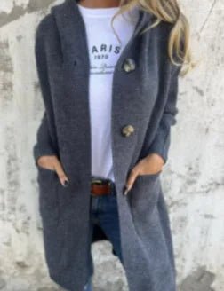 Women's Autumn Winter Sweater Cardigan Fashionable Long Buttoned Hooded Knitted Coat With Pockets - American ThistleWomen's Autumn Winter Sweater Cardigan Fashionable Long Buttoned Hooded Knitted Coat With Pockets