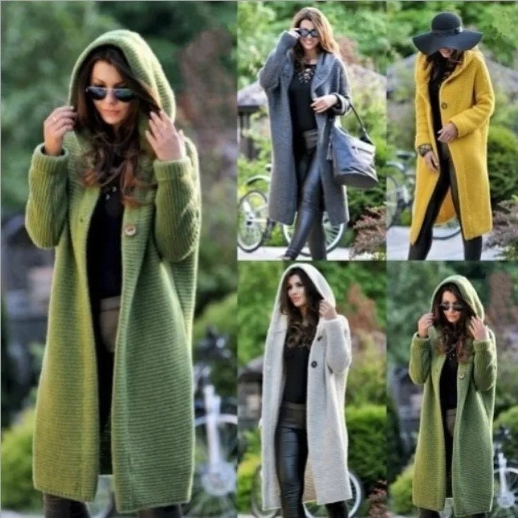 Women's Cardigan Mid - Length Pure Color Long Sleeve Knitwear With Hood Cardigan For Women - American Thistle Women's Cardigan Mid - Length Pure Color Long Sleeve Knitwear With Hood Cardigan For Women