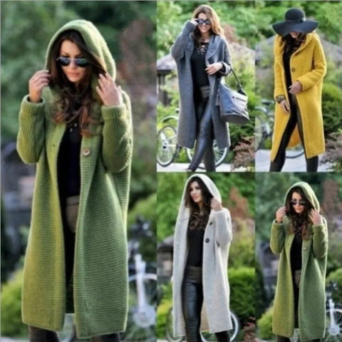 Women's Cardigan Mid - Length Pure Color Long Sleeve Knitwear With Hood Cardigan For Women - American Thistle Women's Cardigan Mid - Length Pure Color Long Sleeve Knitwear With Hood Cardigan For Women