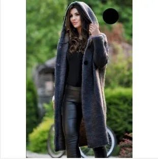 Women's Cardigan Mid - Length Pure Color Long Sleeve Knitwear With Hood Cardigan For Women - American Thistle Women's Cardigan Mid - Length Pure Color Long Sleeve Knitwear With Hood Cardigan For Women