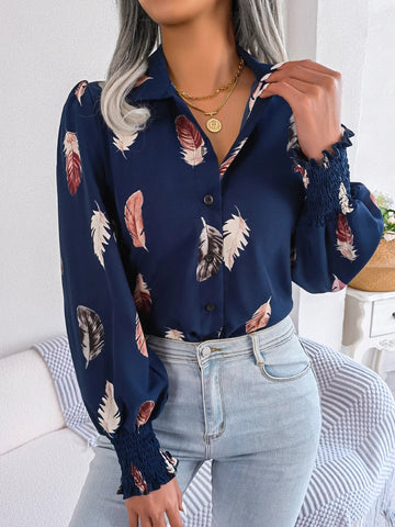 Women's Casual Feather Print Turn Down Collar Long Sleeve Blouse - American Thistle Women's Casual Feather Print Turn Down Collar Long Sleeve Blouse